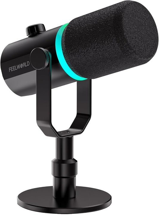 FEELWORLD PM1 XLR USB Dynamic Microphone with Desktop Stand for Podcast Recording, Computer, Gaming, Live Streaming, Vocal Voice Over, Studio Metal Mic, RGB Light