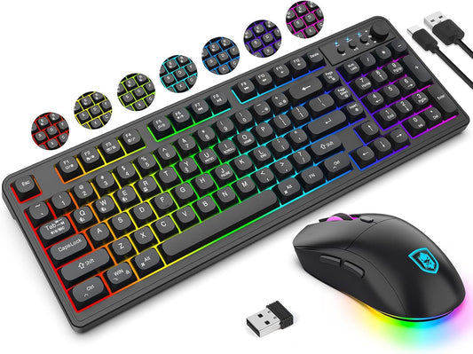 KOLMAX BT98 Wireless Keyboard and Mouse Combo, 2.4G/Wired/Bluetooth Tri-Mode Gaming Keyboard and Mouse, Ergonomic Rechargeable RGB Backlit Keyboard with Knob for PC/Mac/Tablet, Black